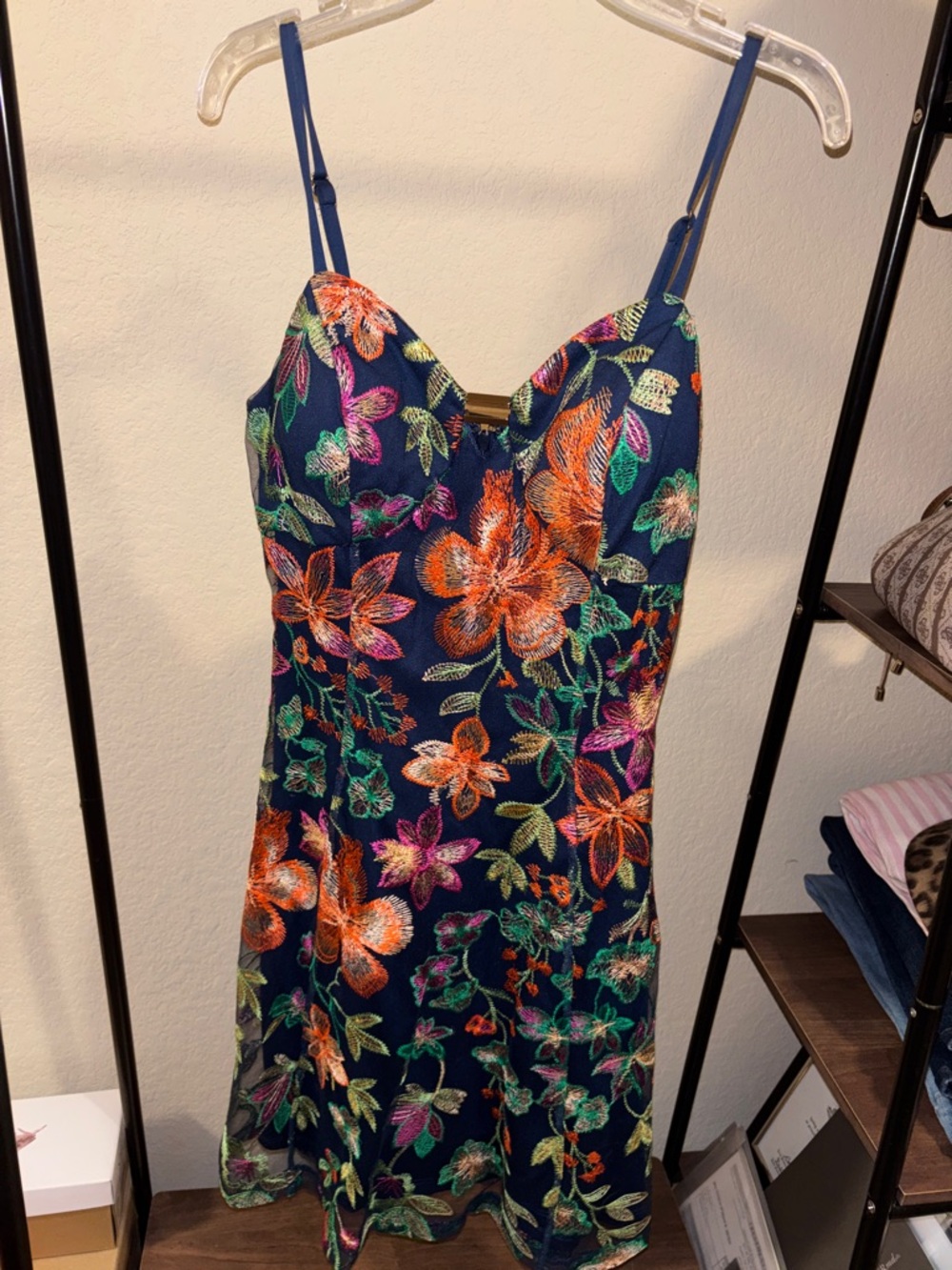 Navy Floral Embroidered Spaghetti Strap Dress